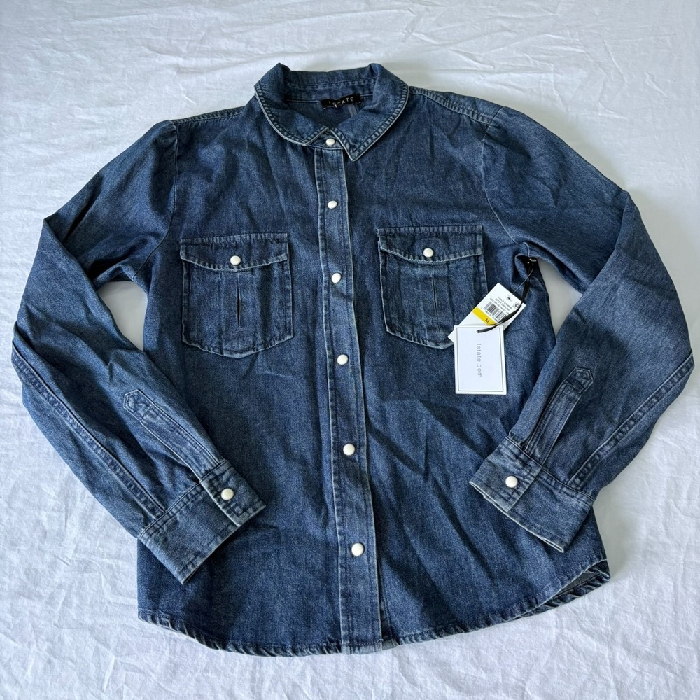 NWT 1.STATE Womens Navy Yard Denim Ditsy Darling Snap Button Shirt Size Medium